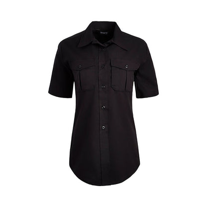 Product shot of a black X-Vert women's short sleeve uniform shirt featuring two chest pockets and a curved hem
