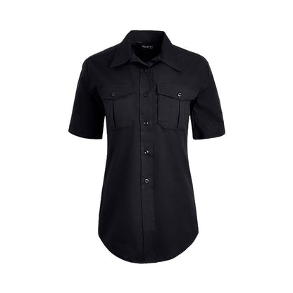 Product shot of a black Xpert women's short sleeve shirt featuring two flap pockets and a curved hemline showcasing its durable fabric and button closures
