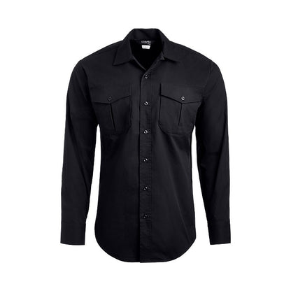 Product shot of a black XVERTEX long-sleeve button-down shirt featuring two chest pockets and dark buttons against a white background
