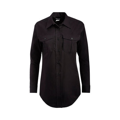 Product shot of a black Xpert long-sleeve button-down shirt with two chest pockets and a curved hem against a white background
