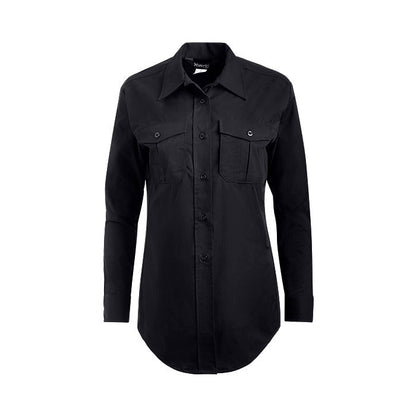 Product shot of a black X-Vert women's long-sleeve shirt featuring two chest pockets and a button-down front showcasing the brand's logo and a curved hemline
