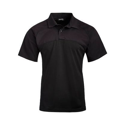 Product shot of a black X-Vertx short sleeve polo shirt featuring a two-tone design and a three-button placket  
