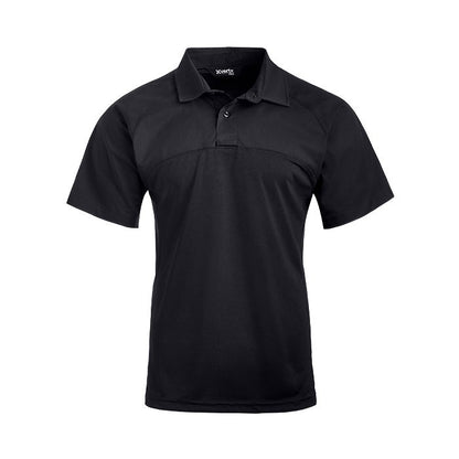 Product shot of a black XVERTEX short sleeve polo shirt featuring a three button placket and reinforced shoulder seams
