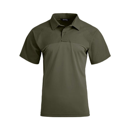 Product shot of an olive green XVert tactical polo shirt featuring a three button placket and reinforced shoulders
