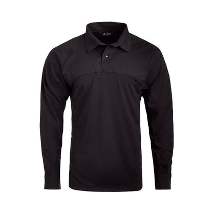 Product shot of a black Xerte long-sleeve tactical polo shirt featuring a button placket and reinforced shoulders against a white background
