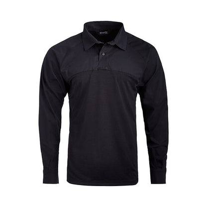 Product shot of a black Xpert long-sleeve polo shirt featuring a contrasting yoke and button placket against a white background

