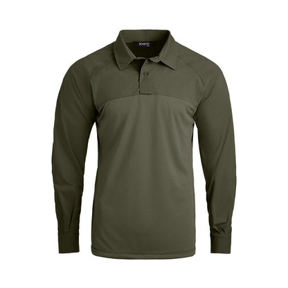 Product shot of a XVERT long-sleeve olive-green tactical polo shirt featuring a button-down collar, reinforced shoulders and a subtle textured fabric

