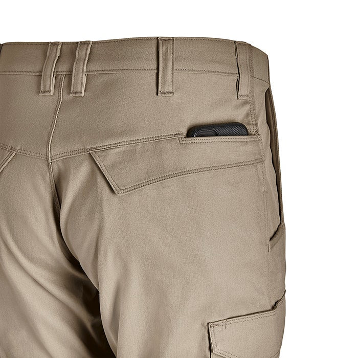 Product shot of tan tactical pants featuring a back pocket with a phone a reinforced waistband and detailed stitching