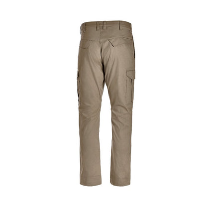 Product shot of tan cargo pants showing back view with reinforced knees and multiple pockets