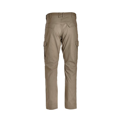 Product shot of tan cargo pants showing back view with two large cargo pockets and a reinforced waistband
