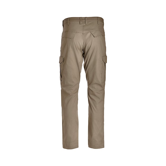 Product shot of tan cargo pants showing back view with two large cargo pockets and a reinforced waistband
