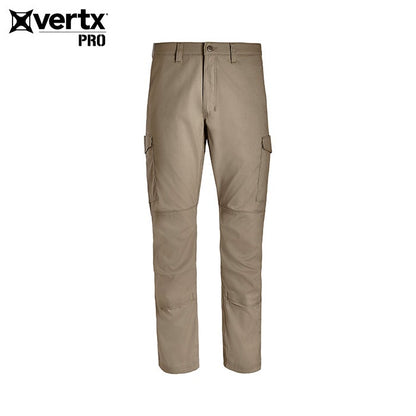 Product shot of Vertx Pro tactical pants featuring a khaki color two cargo pockets and reinforced knees
