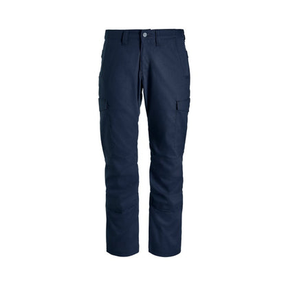 Product shot of navy blue tactical pants featuring reinforced knees cargo pockets and a buttoned waist
