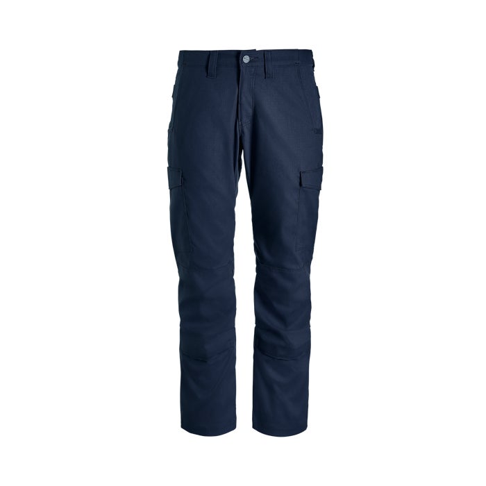 Product shot of navy blue tactical pants featuring reinforced knees cargo pockets and a buttoned waist
