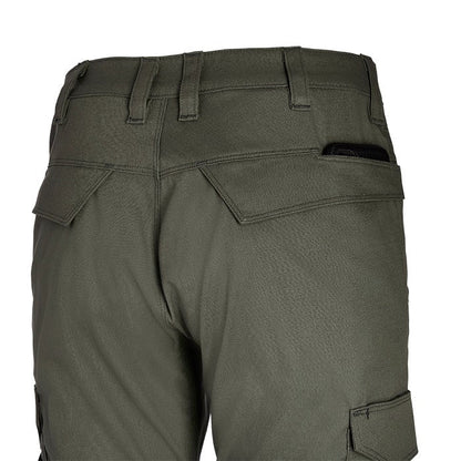 Product shot showing the back of olive green cargo pants with multiple pockets and reinforced stitching detail
