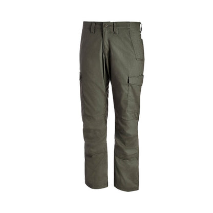 Product shot of olive green cargo pants featuring reinforced knees and multiple pockets against a white background
