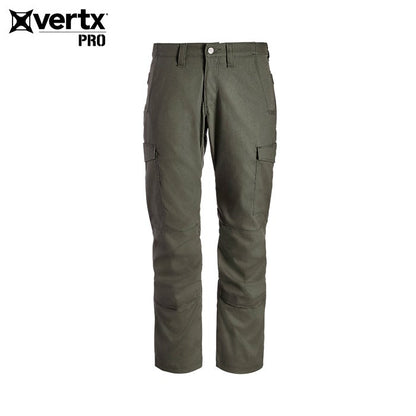 Product shot of Vertx Pro olive green tactical pants featuring reinforced knees and multiple cargo pockets showcasing a durable and functional design
