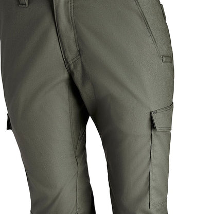 Product shot of olive green cargo pants showing multiple pockets and subtle stitching details
